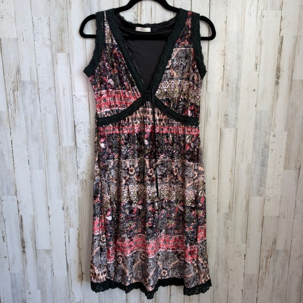 Fruits 90s Y2K Velvet Witchy Practical Magic Dress M Black Red Floral Lace Trim